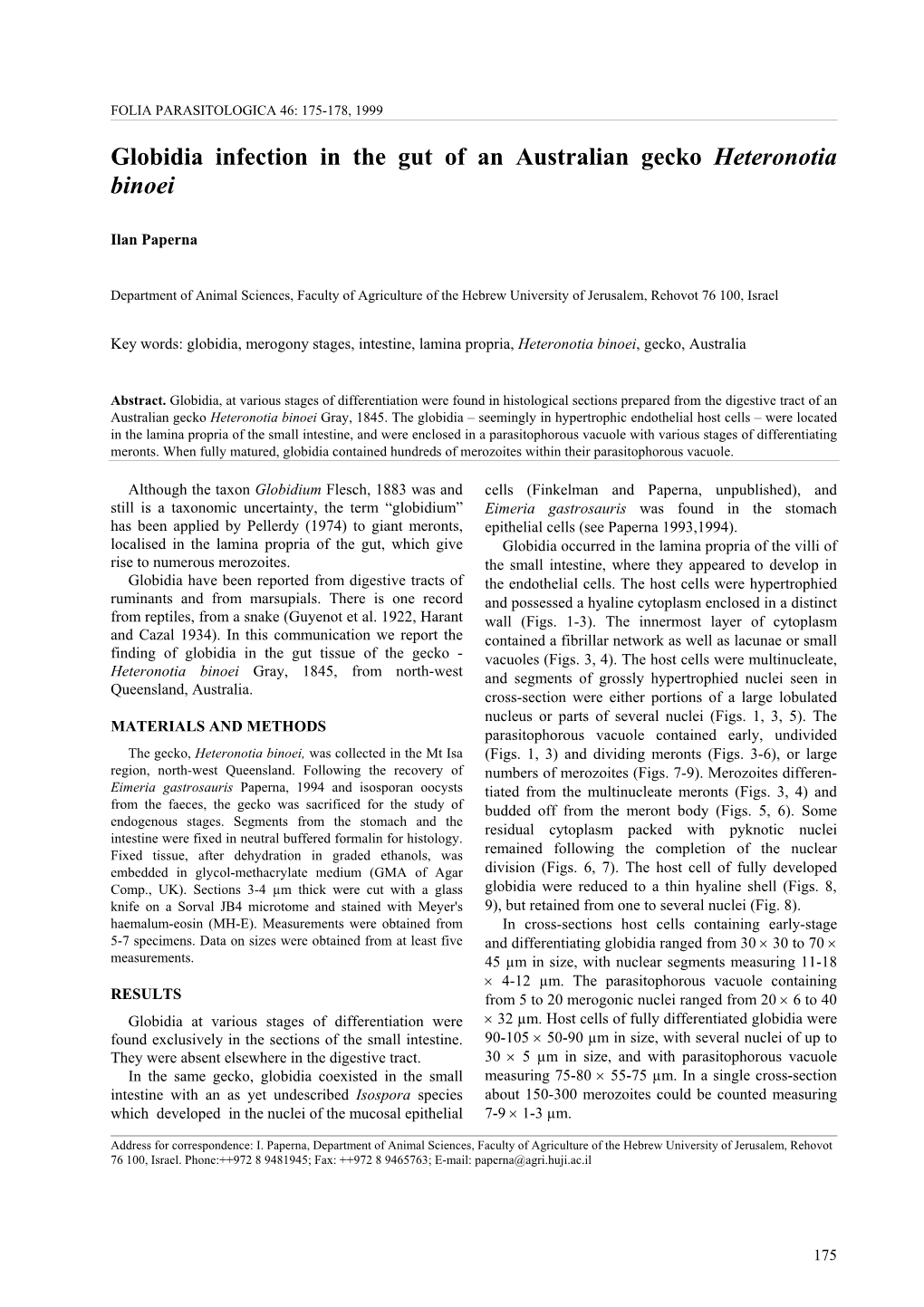 Globidia Infection in the Gut of an Australian Gecko Heteronotia Binoei