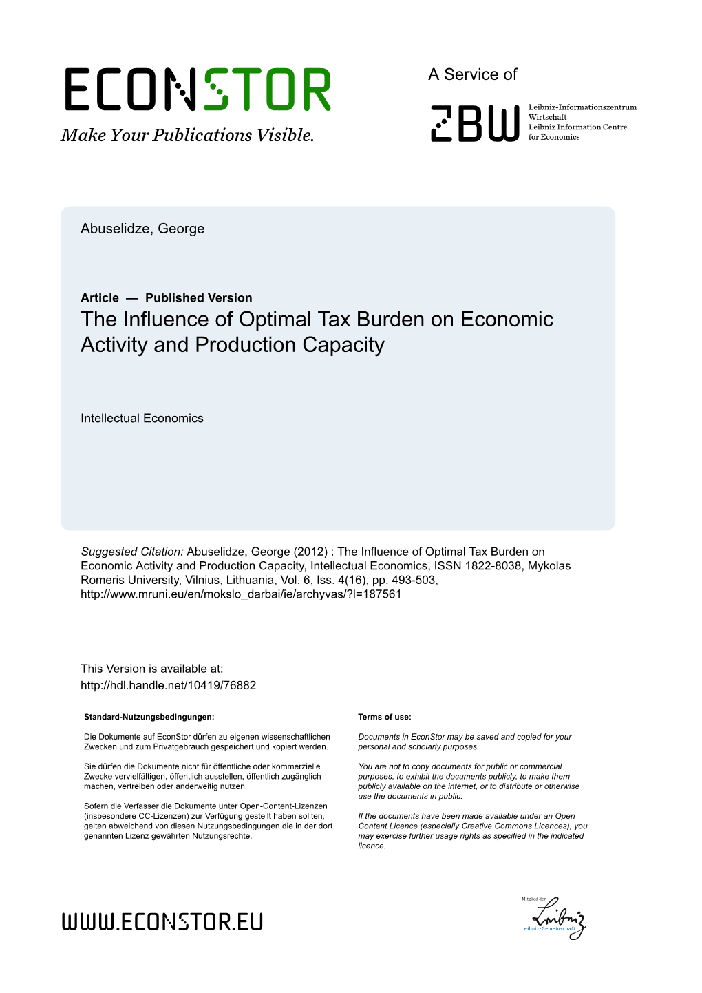 The Influence of Optimal Tax Burden on Economic Activity and Production Capacity