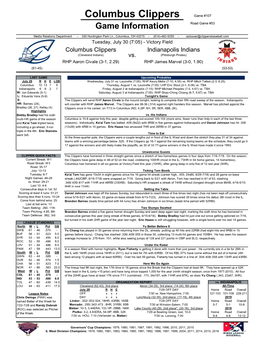 Columbus Clippers Game #107 Game Information Road Game #53
