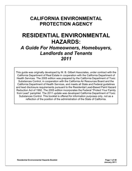 RESIDENTIAL ENVIRONMENTAL HAZARDS: a Guide for Homeowners, Homebuyers, Landlords and Tenants 2011