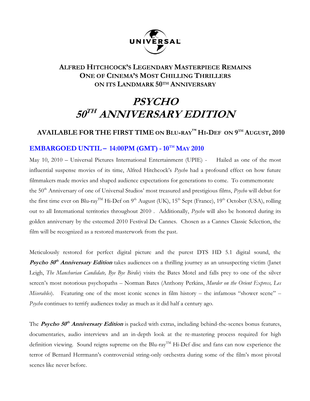 Psycho 50Th Anniversary Edition