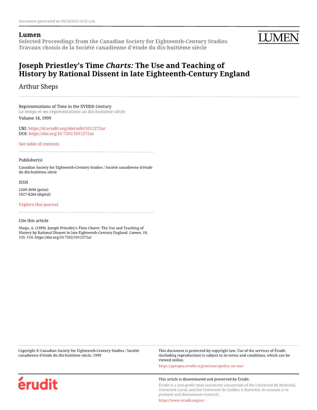 Joseph Priestley's Time Charts: the Use and Teaching of History by Rational Dissent in Late Eighteenth-Century England Arthur Sheps