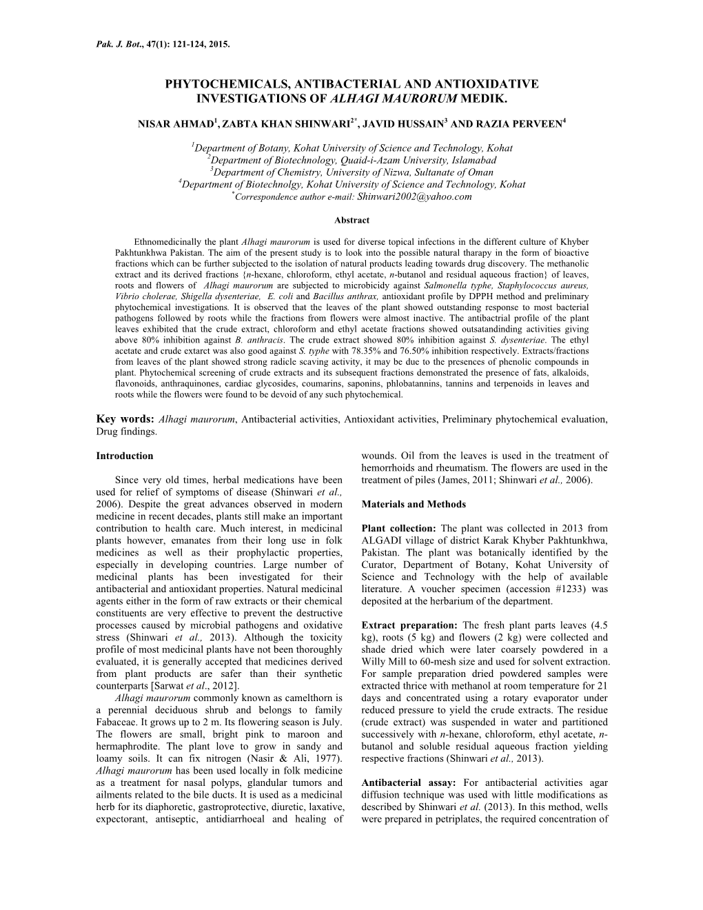 Phytochemicals, Antibacterial and Antioxidative Investigations of Alhagi Maurorum Medik