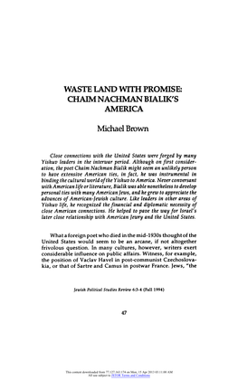 Waste Land with Promise: Ch Aim Nachman Bialik's America
