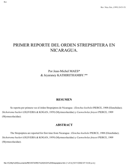 Primer Reporte Del Orden Strepsiptera En Nicaragua. Pp.51-53