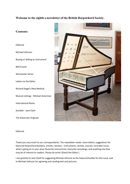 The Eighth E-Newsletter of the British Harpsichord Society. Contents