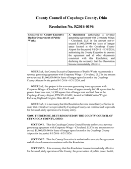 County Council of Cuyahoga County, Ohio Resolution No. R2016-0196