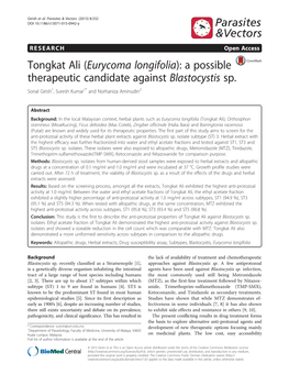 Tongkat Ali (Eurycoma Longifolia): a Possible Therapeutic Candidate Against Blastocystis Sp