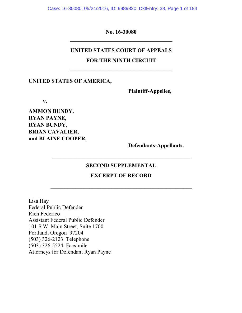 Case: 16-30080, 05/24/2016, ID: 9989820, Dktentry: 38, Page 1 of 184