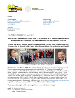 The Merola Grand Finale August 19 at 7:30 Pm at the War Memorial Opera House in San Francisco Concludes Merola Opera Program 2017 Summer Festival