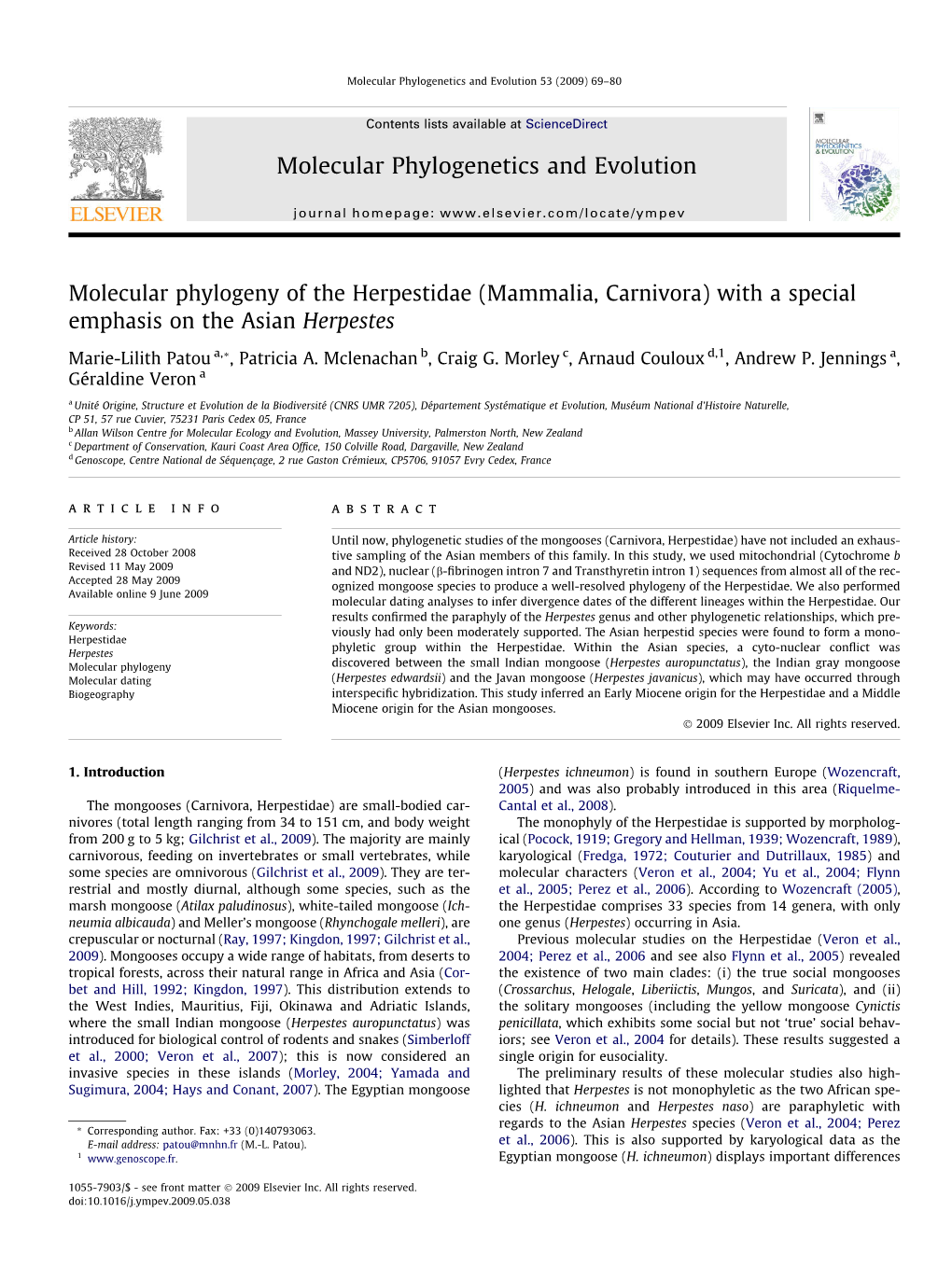 Molecular Phylogeny of the Herpestidae (Mammalia, Carnivora) with a Special Emphasis on the Asian Herpestes