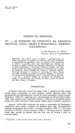 As Espécies De Chironius Da Amazônia Oriental (Pará, Amapá E Maranhão)