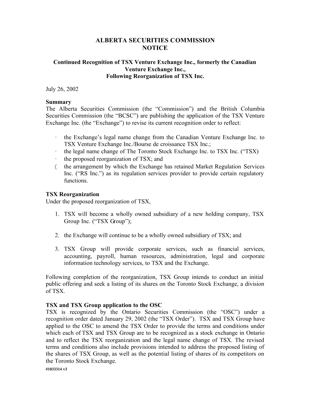 Notice of Application from TSX Venture Exchange Inc. For