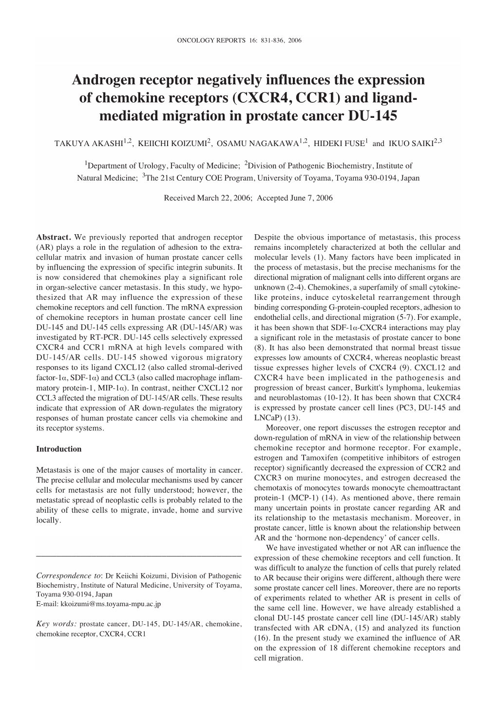 Androgen Receptor Negatively Influences the Expression of Chemokine Receptors (CXCR4, CCR1) and Ligand- Mediated Migration in Prostate Cancer DU-145
