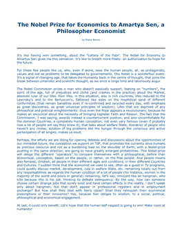 The Nobel Prize for Economics to Amartya Sen, a Philosopher Economist