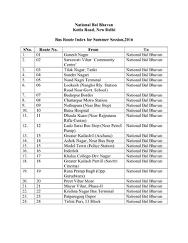 National Bal Bhavan Kotla Road, New Delhi Bus Route Index for Summer