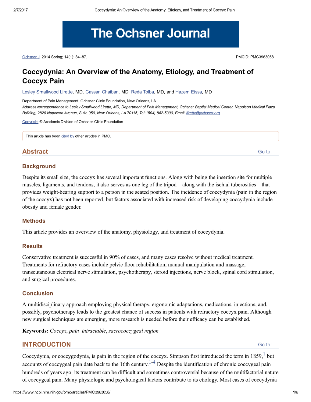 Coccydynia: an Overview of the Anatomy, Etiology, and Treatment of Coccyx Pain