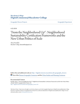 Neighborhood Sustainability Certification Frameworks and the New Urban Politics of Scale Alex J