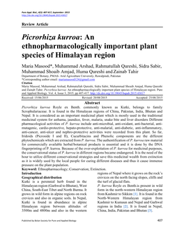 Picrorhiza Kurroa: an Ethnopharmacologically Important Plant Species of Himalayan Region