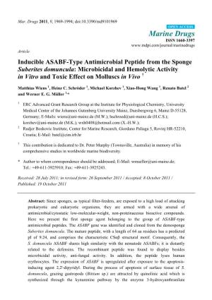 Inducible ASABF-Type Antimicrobial Peptide from the Sponge Suberites Domuncula: Microbicidal and Hemolytic Activity in Vitro and Toxic Effect on Molluscs in Vivo †