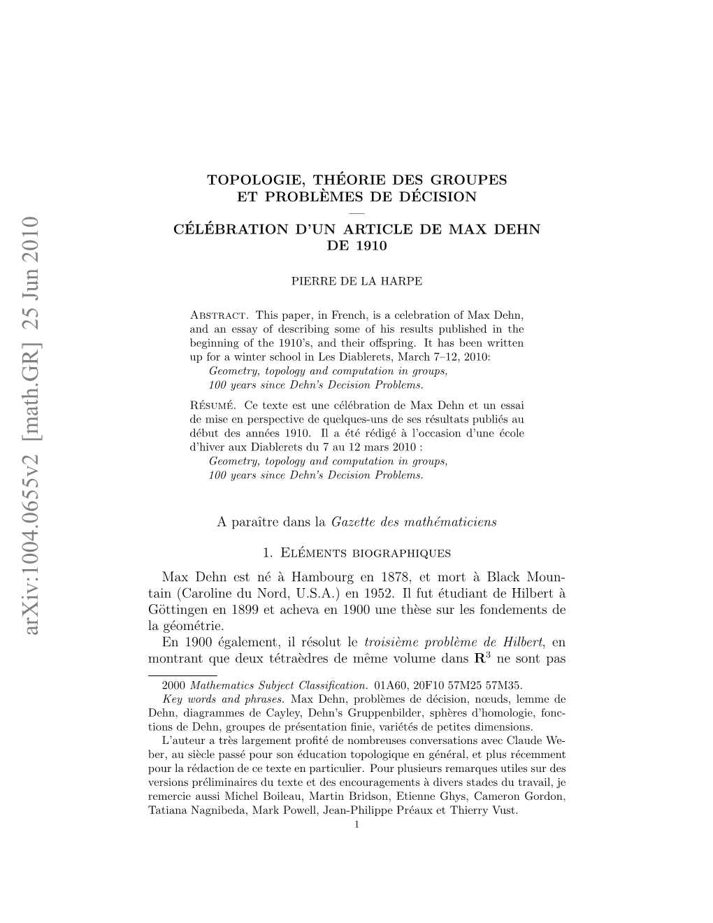 Topologie, Th\'Eorie Des Groupes Et Probl\Emes De D\'Ecision. C\'El ...