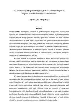 The Relationship of Nigerian Pidgin English and Standard English in Nigeria: Evidence from Copula Constructions