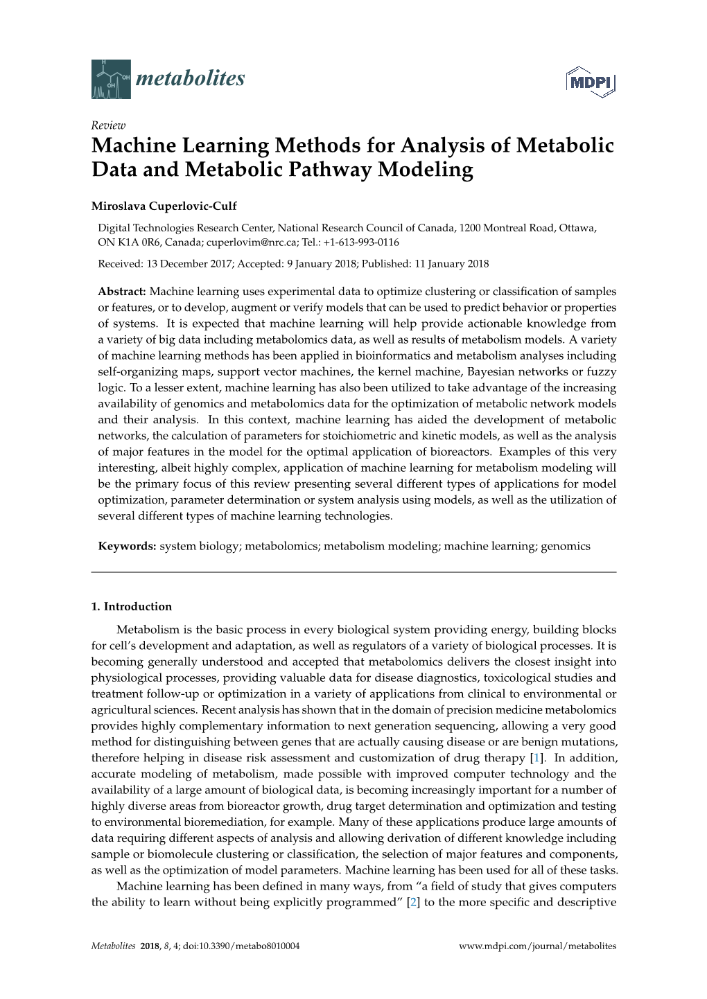 Machine Learning Methods for Analysis of Metabolic Data and Metabolic Pathway Modeling