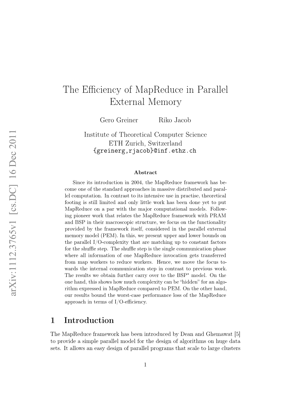 The Efficiency of Mapreduce in Parallel External Memory Arxiv