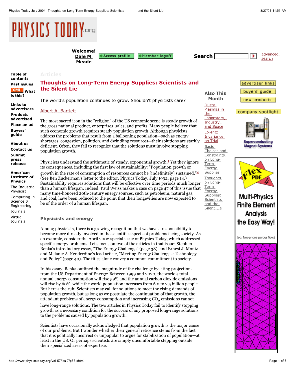 Thoughts on Long-Term Energy Supplies: Scientists and the Silent Lie 8/27/04 11:55 AM