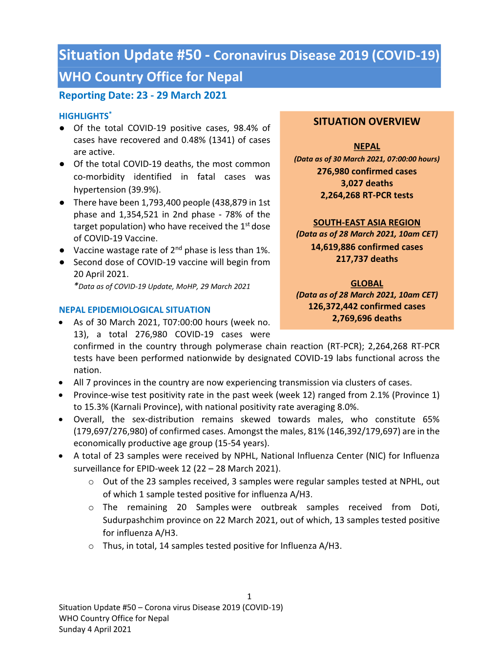 Situation Update #50 - Coronavirus Disease 2019 (COVID-19) WHO Country Office for Nepal Reporting Date: 23 - 29 March 2021