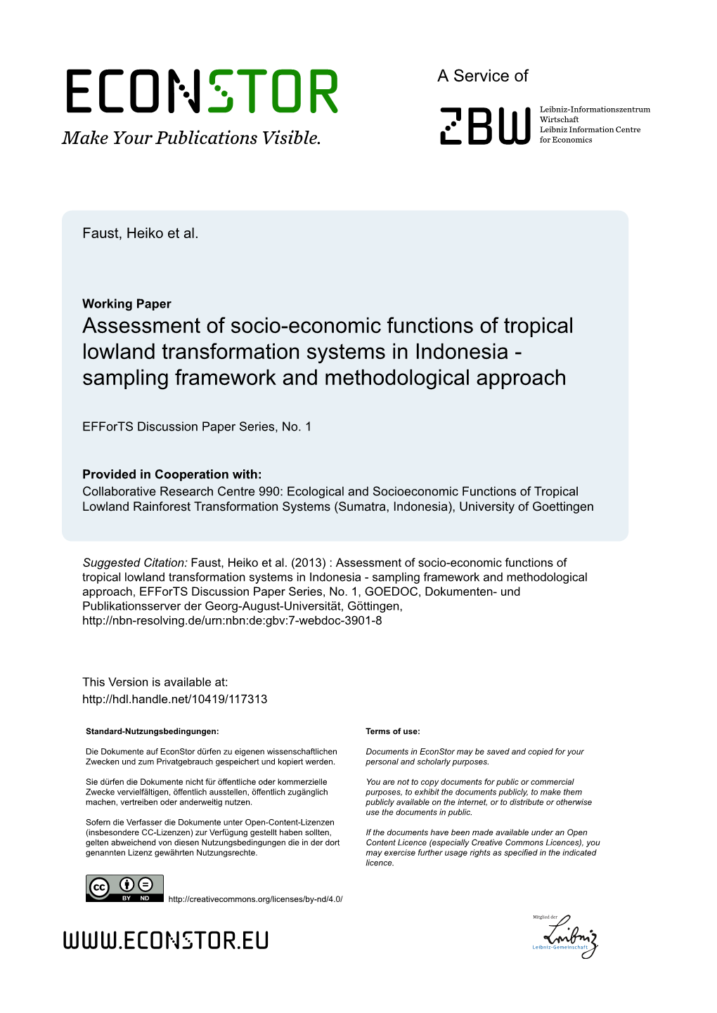 Assessment of Socio-Economic Functions of Tropical Lowland Transformation Systems in Indonesia - Sampling Framework and Methodological Approach