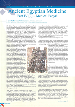 Ient Egyptian Medicine Part IV [2] - Medical Papyri
