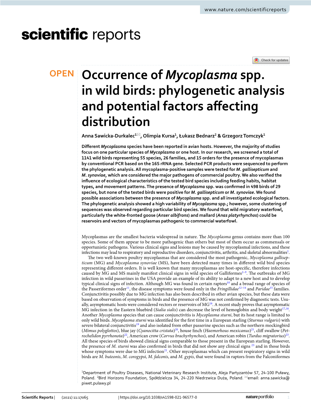 Occurrence of Mycoplasma Spp. in Wild Birds