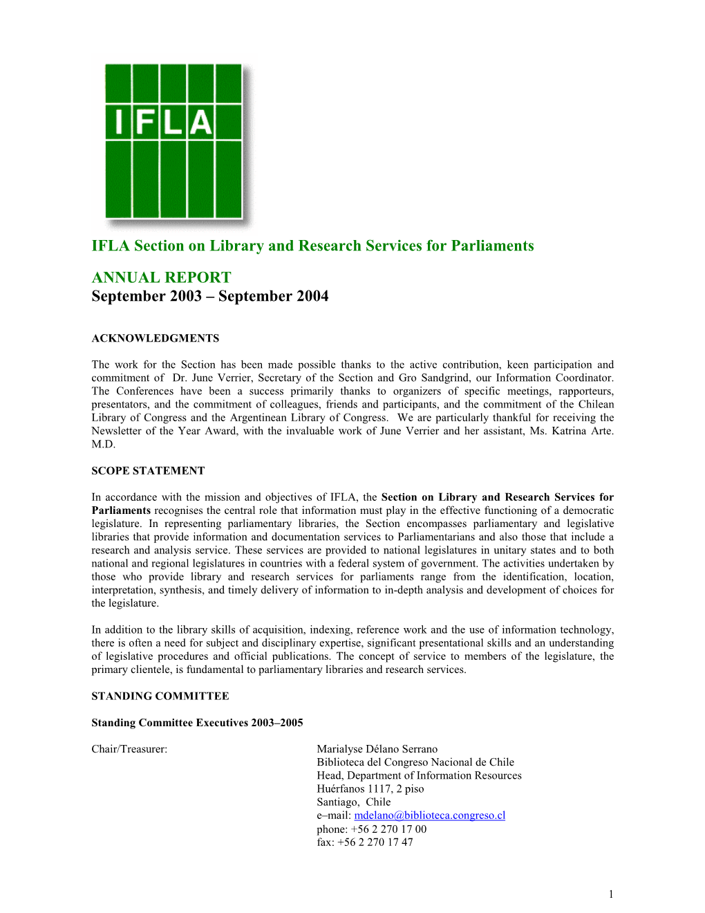 IFLA Section on Library and Research Services for Parliaments ANNUAL REPORT September 2003 – September 2004