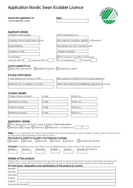 Application Nordic Swan Ecolabel Licence