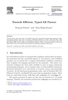 Towards Efficient, Typed LR Parsers