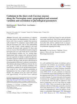 Cadmium in the Shore Crab Carcinus Maenas Along the Norwegian Coast: Geographical and Seasonal Variation and Correlation to Physiological Parameters