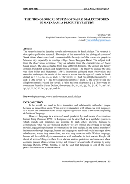The Phonological System of Sasak Dialect Spoken in Mataram; a Descriptive Study