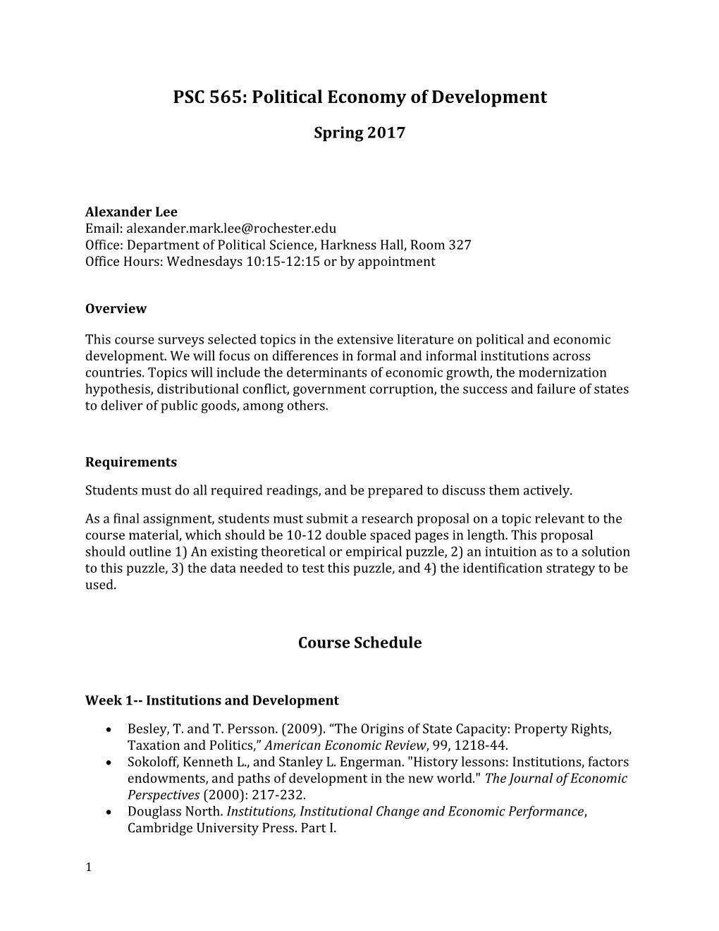 PSC 565: Political Economy of Development