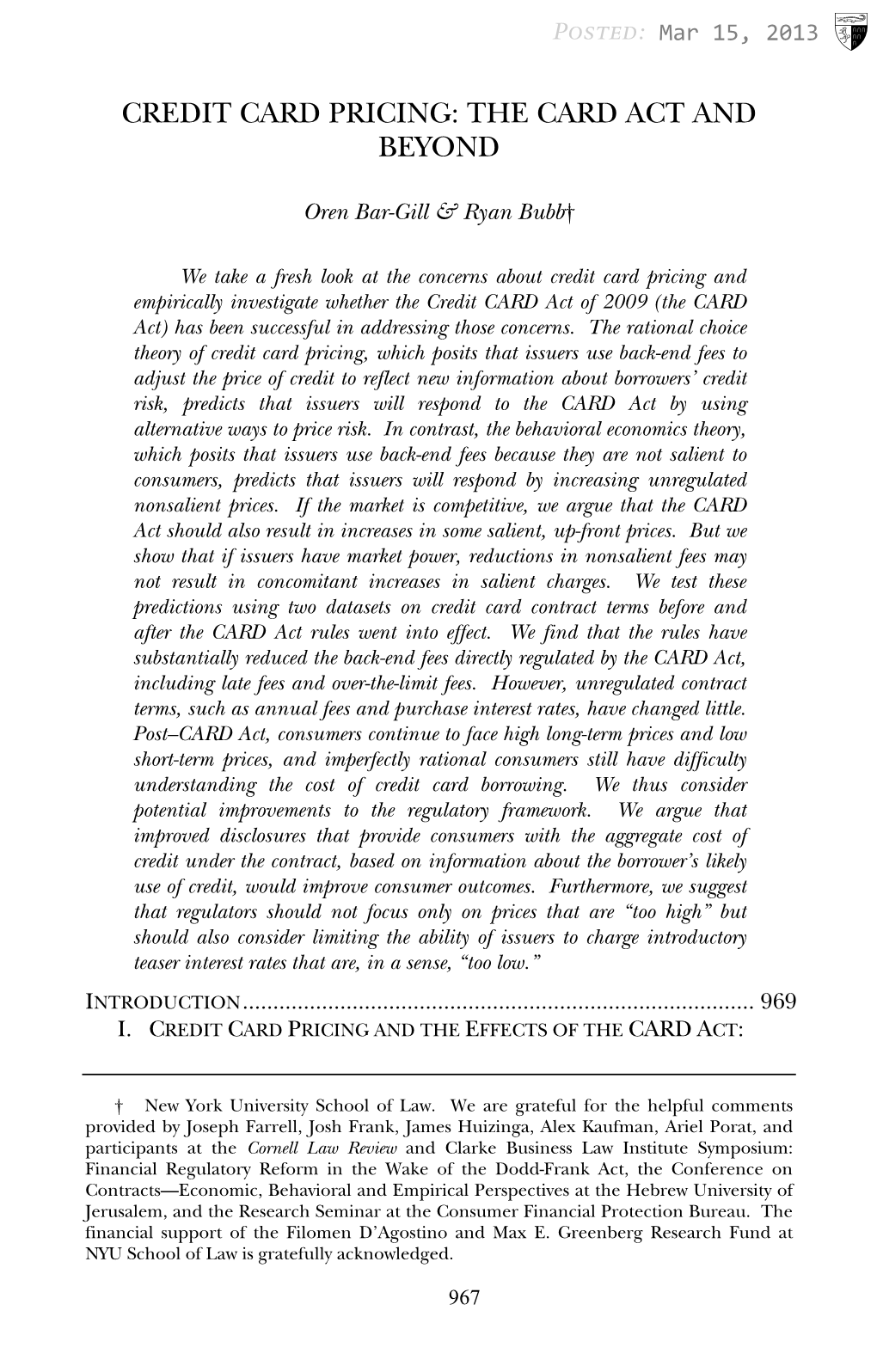 Credit Card Pricing: the Card Act and Beyond