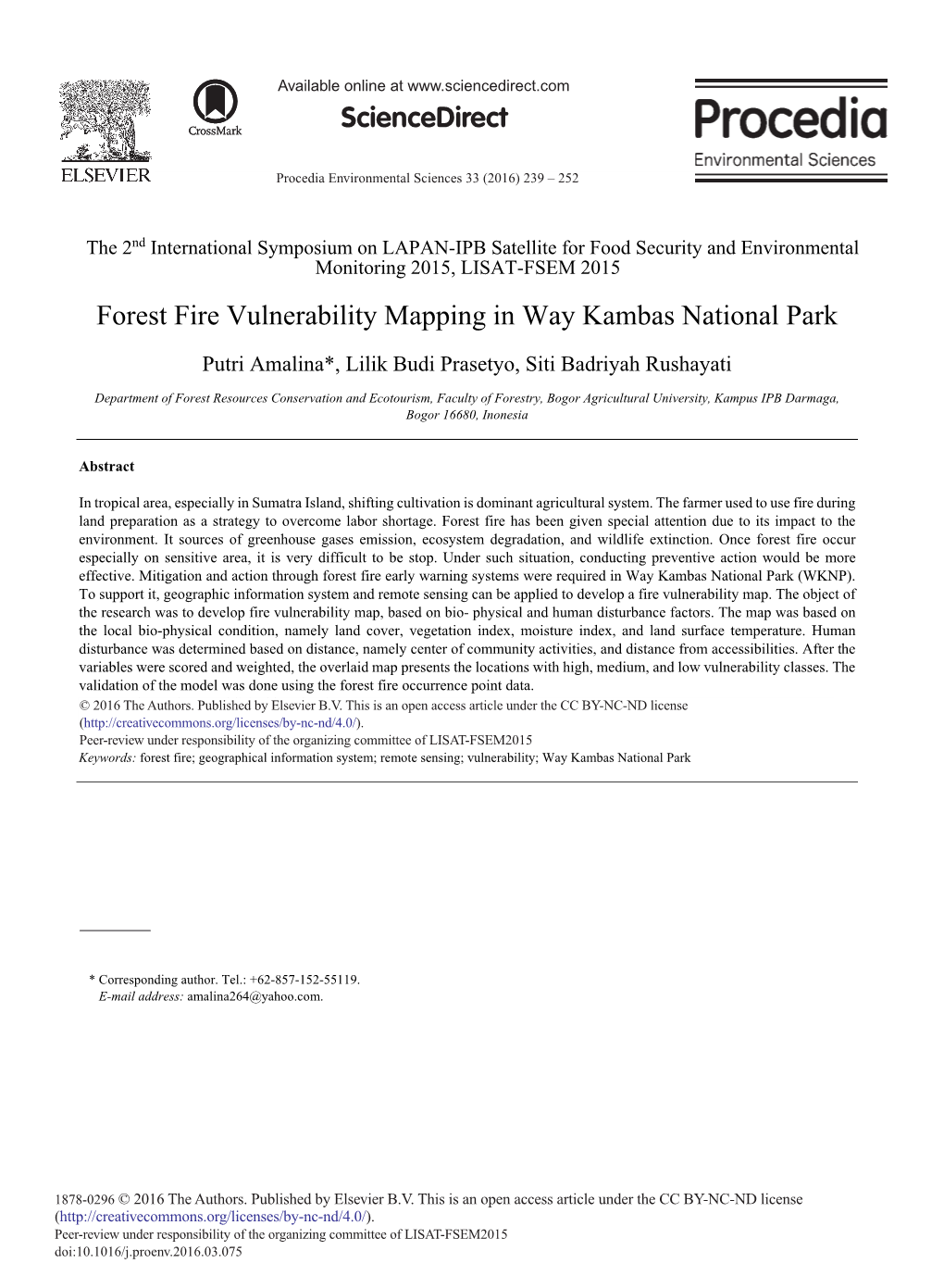 Forest Fire Vulnerability Mapping in Way Kambas National Park