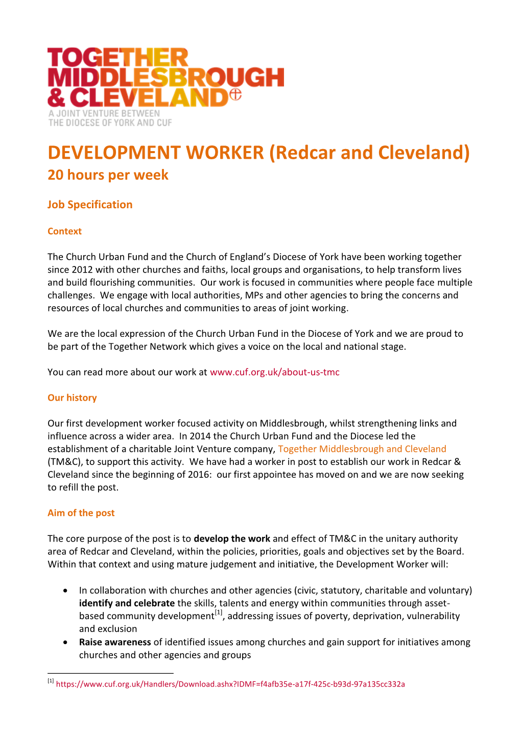 DEVELOPMENT WORKER (Redcar and Cleveland) 20 Hours Per Week