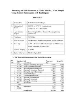 Inventory of Soil Resources of Nadia District, West Bengal Using Remote Sensing and GIS Techniques