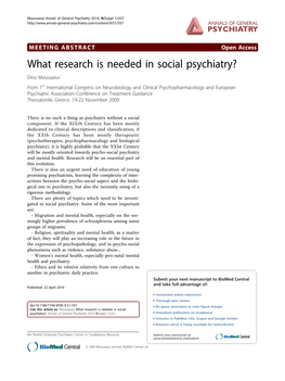 What Research Is Needed in Social Psychiatry?