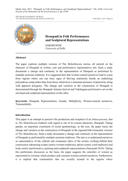 Draupadi in Folk Performances and Sculptural Representations." the Delhi University Journal of the Humanities & the Social Sciences 2, Pp