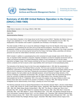 Summary of AG-008 United Nations Operation in the Congo (ONUC) (1960-1964)