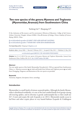 Two New Species of the Genera Mysmena and Trogloneta (Mysmenidae, Araneae) from Southwestern China
