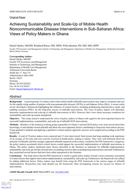 Achieving Sustainability and Scale-Up of Mobile Health Noncommunicable Disease Interventions in Sub-Saharan Africa: Views of Policy Makers in Ghana