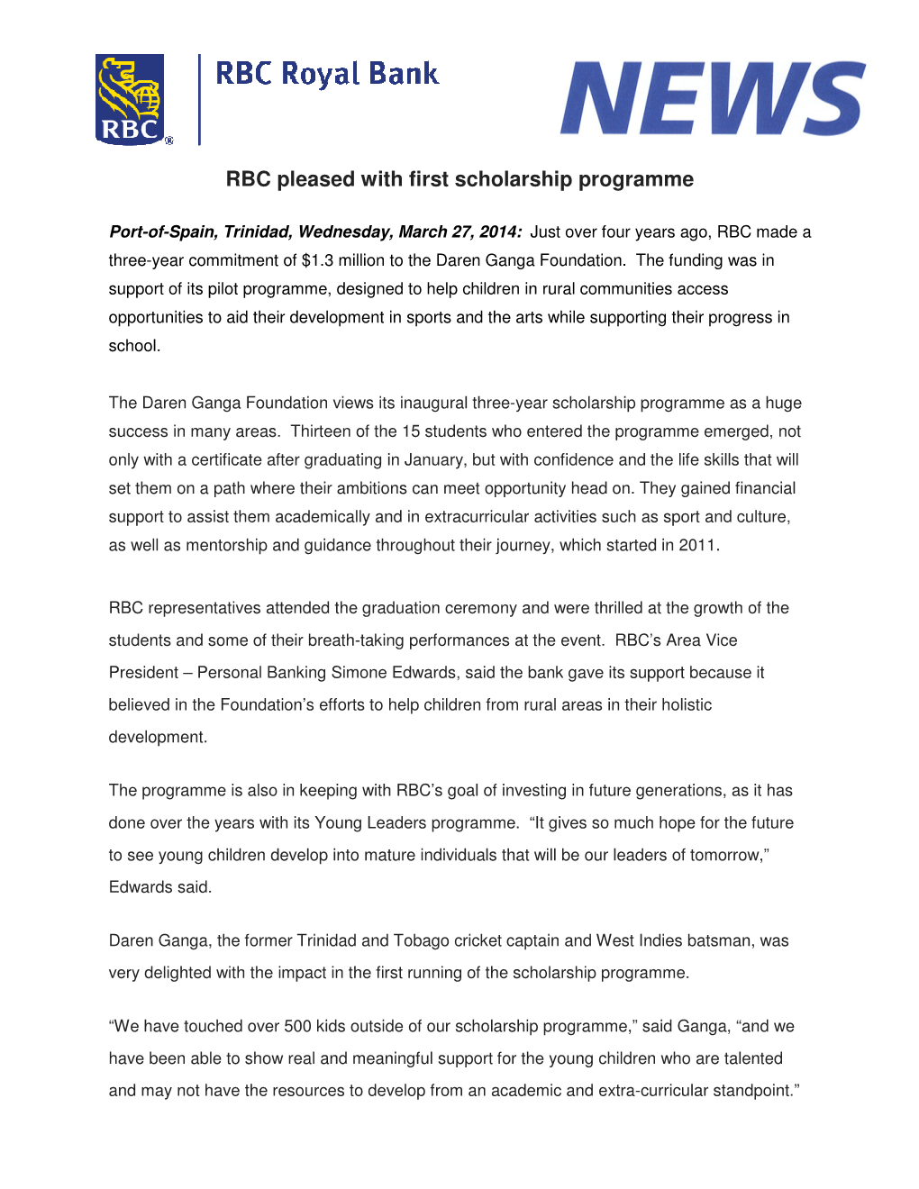 RBC Pleased with First Scholarship Programme