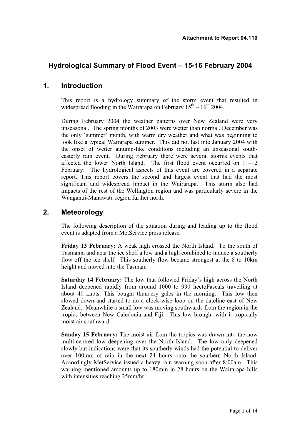 Hydrological Summary of Flood Event – 15-16 February 2004 1